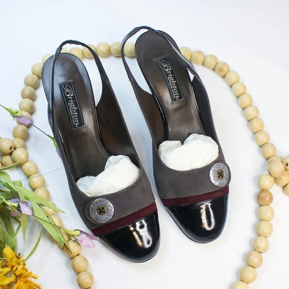 Brighton Bree Suede Patent Leather High Heels Sling Back Office‎ Shoes 8.5